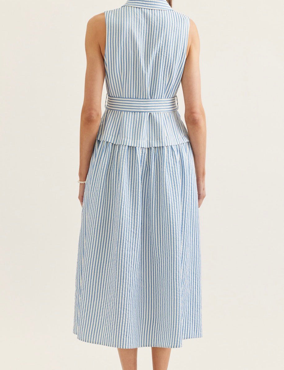Back view of the Savannah Stripe Dress, a blue and white stripe sleeveless midi shirt dress – Lady & Tucker