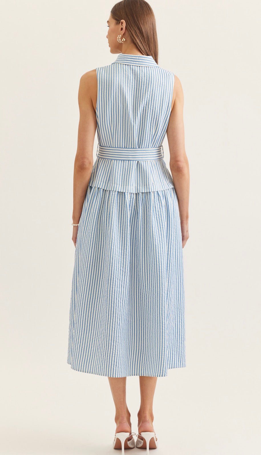 Back view of the Savannah Stripe Dress, a blue and white stripe sleeveless midi shirt dress – Lady & Tucker