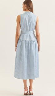Back view of the Savannah Stripe Dress, a blue and white stripe sleeveless midi shirt dress – Lady & Tucker