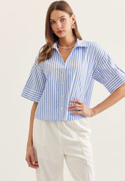 Seaside Stripe Top, a blue and white stripe menswear-inspired top, worn front view