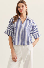 Back view of the Seaside Stripe Top, a blue and white stripe menswear-inspired top
