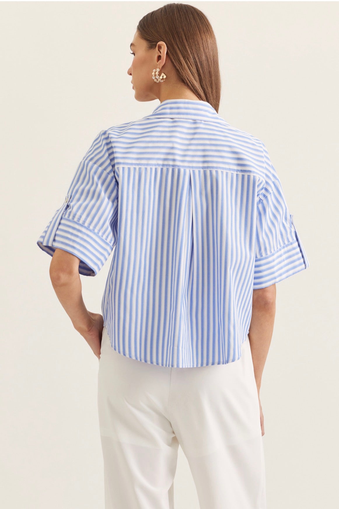 Close-up of the crisp vertical stripes on the Seaside Stripe Top