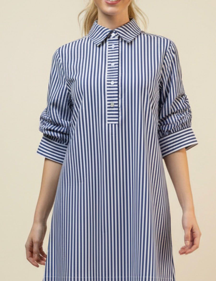 Seaside Coast Dress, a blue and white striped shirt dress, worn front view