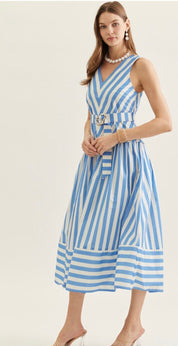 Back view of the Sweet Summer Maxi Dress, a blue and white striped V-neck midi