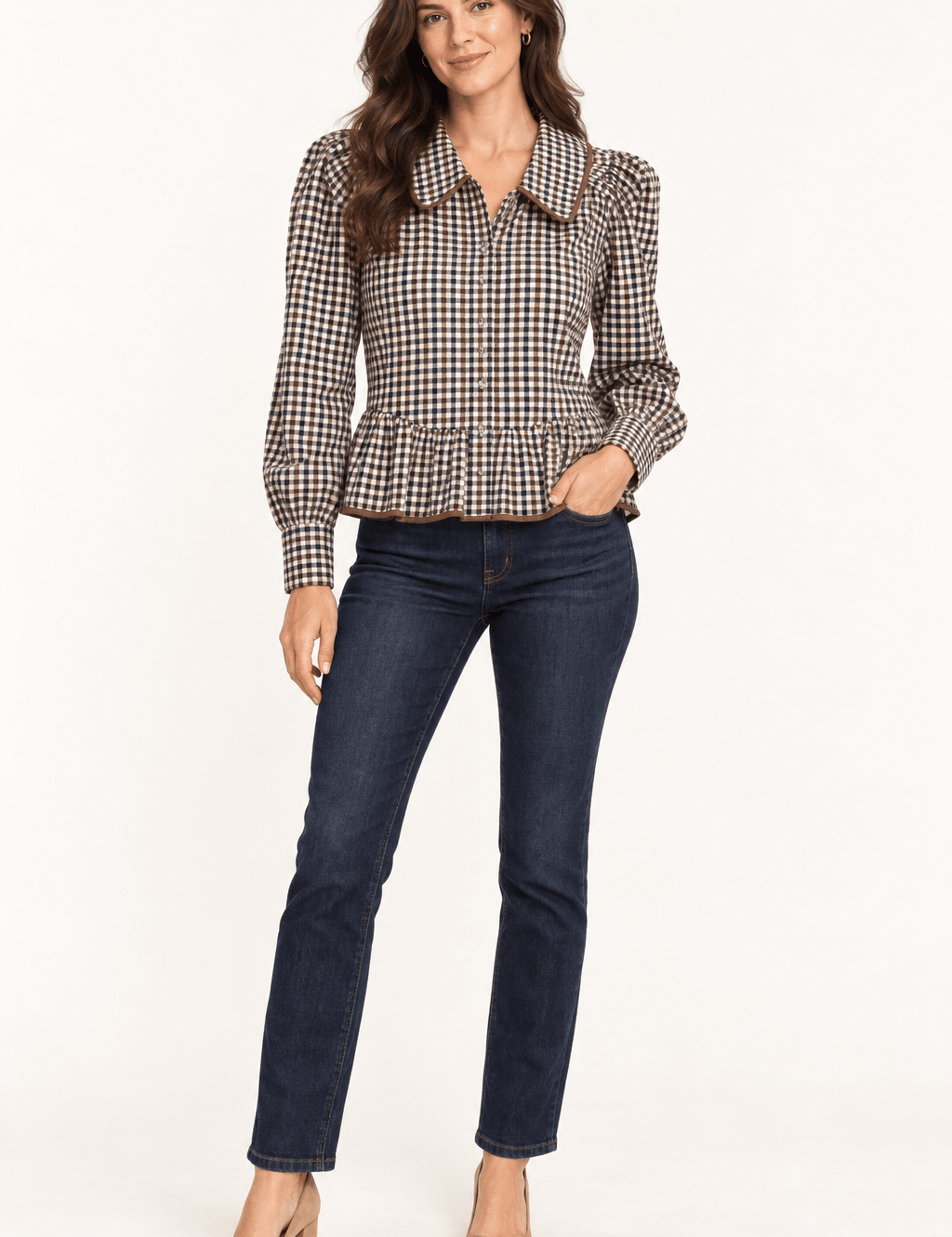 Starting Off Fall Top, a brown gingham peplum blouse, worn front view – Lady & Tucker