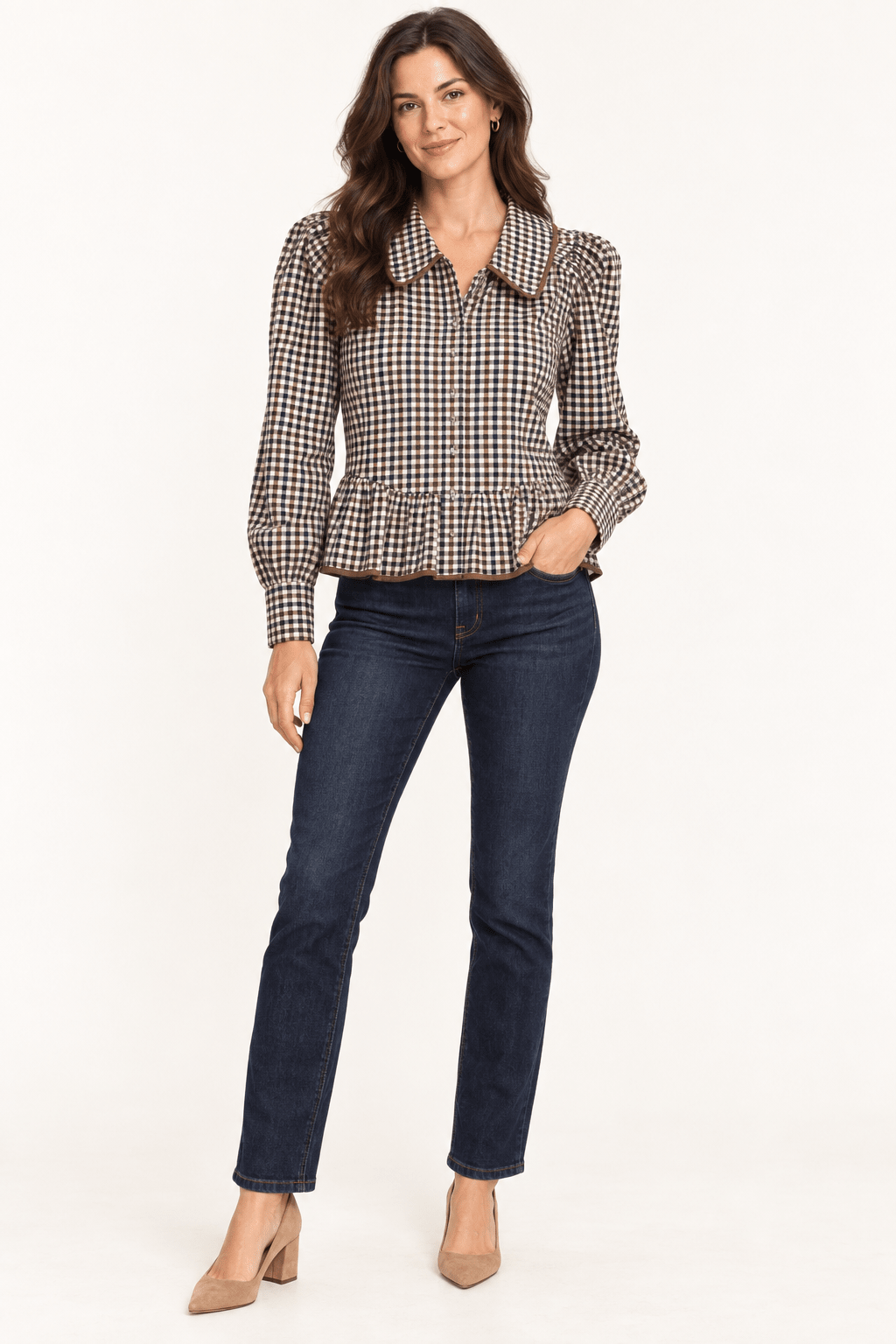 Starting Off Fall Top, a brown gingham peplum blouse, worn front view – Lady & Tucker