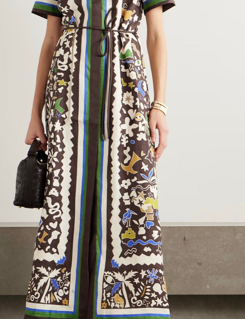 Coffee Ready Maxi Dress, a chocolate brown artistic print maxi shirt dress, worn front view