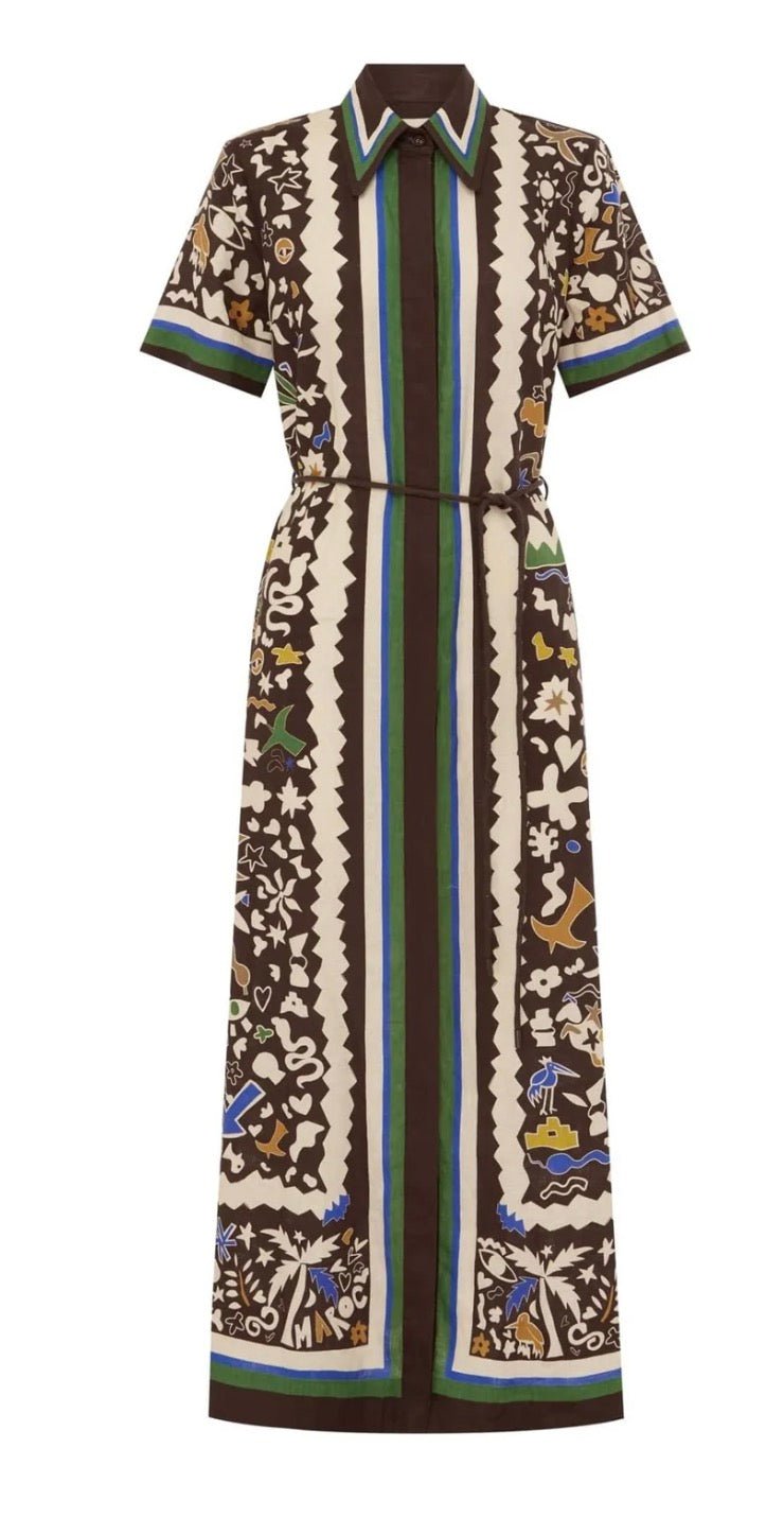 Back view of the Coffee Ready Maxi Dress, a chocolate brown artistic print maxi shirt dress