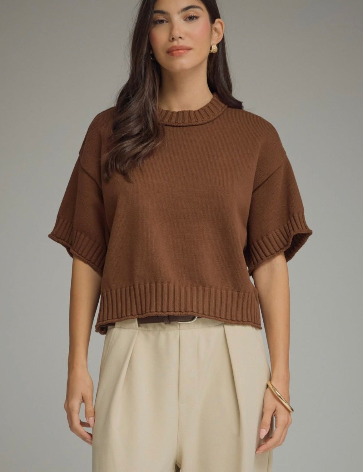 Brown Sweater Top, a brown short sleeve ribbed knit top, worn front view