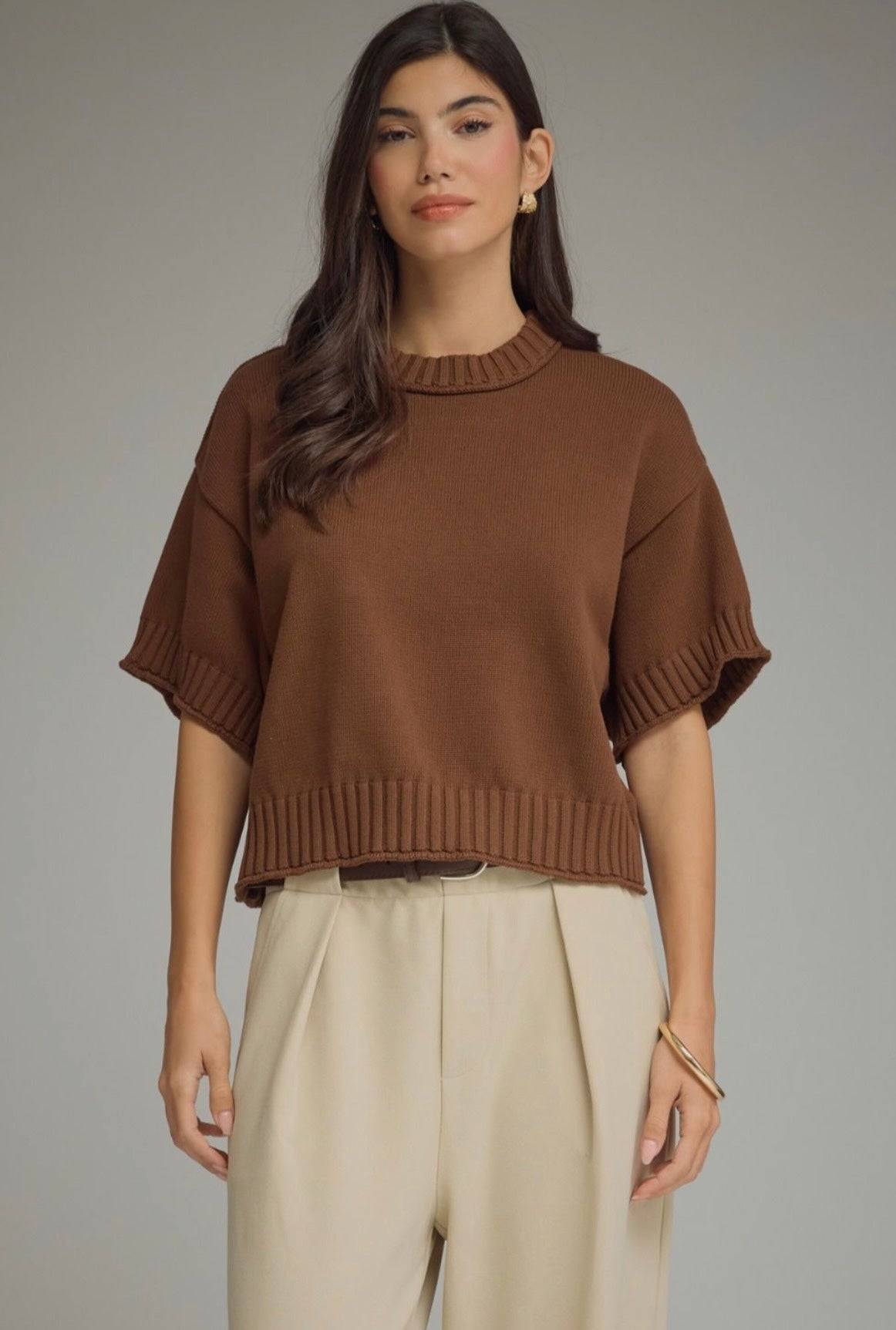 Brown Sweater Top, a brown short sleeve ribbed knit top, worn front view