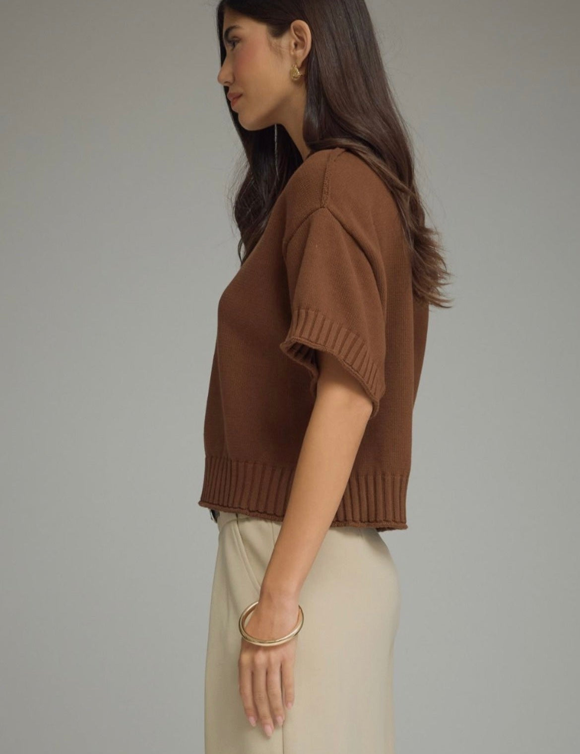Back view of the Brown Sweater Top, a brown short sleeve ribbed knit top