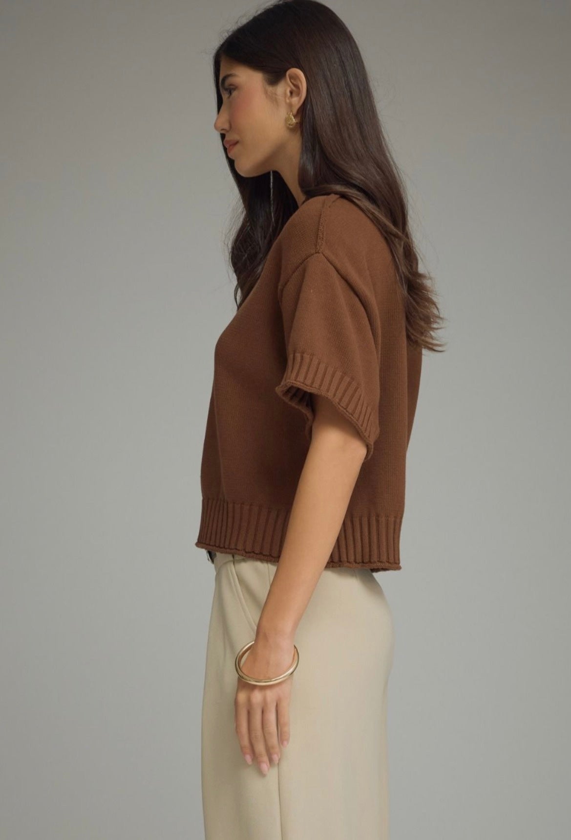Back view of the Brown Sweater Top, a brown short sleeve ribbed knit top