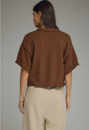 Close-up of the ribbed trim and drop shoulder on the Brown Sweater Top
