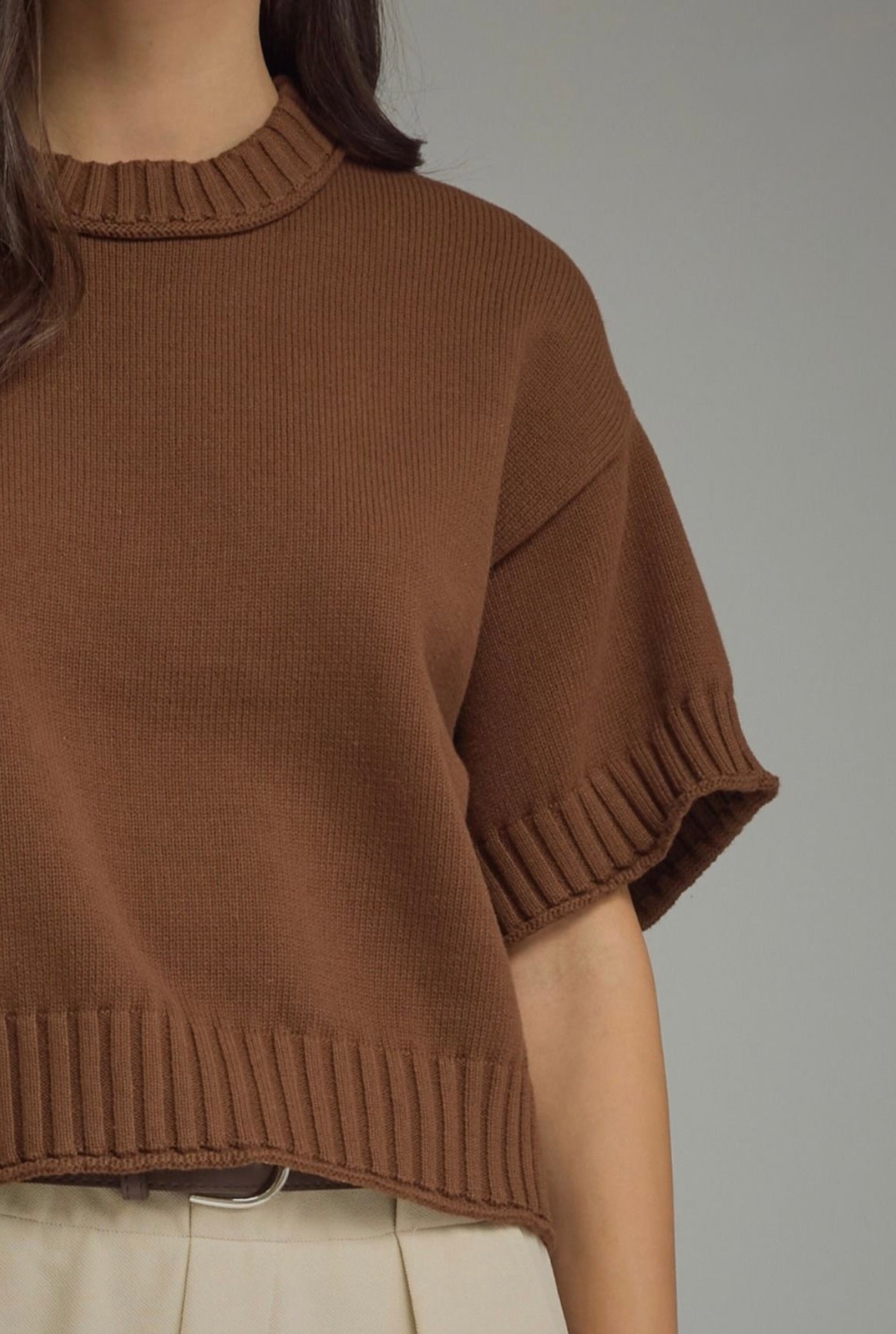 Brown Sweater Top styled on model, a brown short sleeve ribbed knit top – Lady & Tucker
