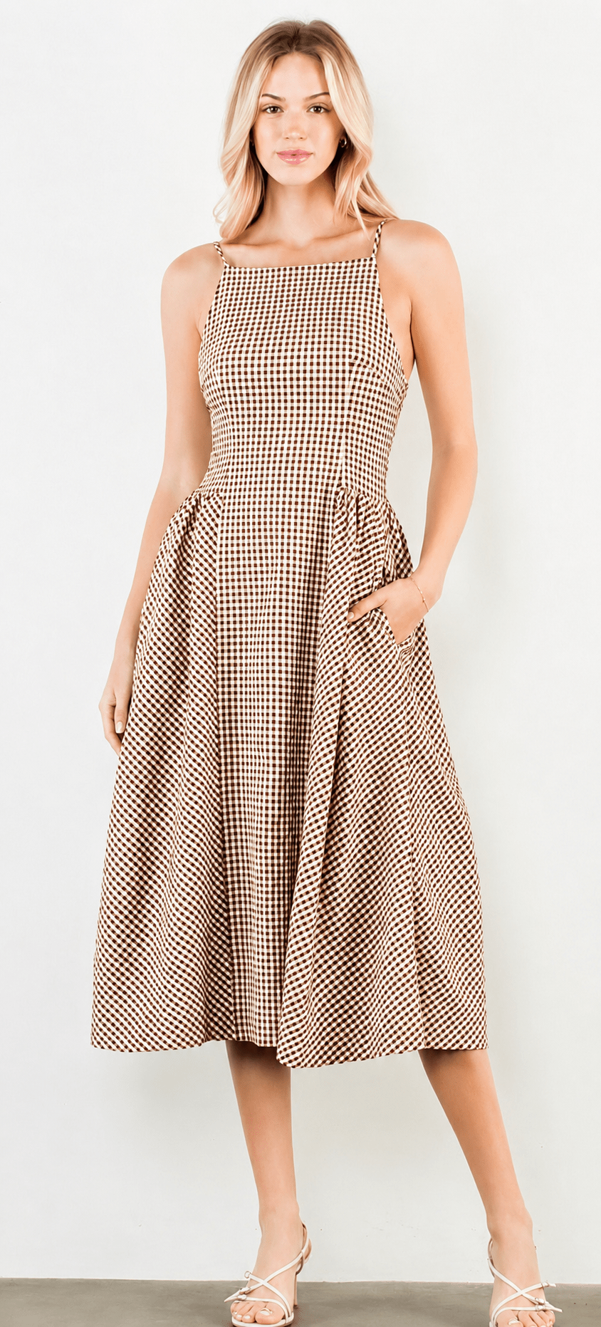 Goody Gingham Dress, a brown and white gingham midi, worn front view