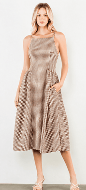 Goody Gingham Dress, a brown and white gingham midi, worn front view