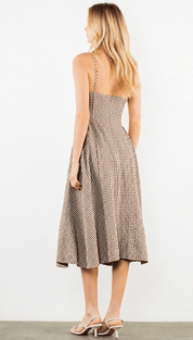 Back view of the Goody Gingham Dress, a brown and white gingham midi