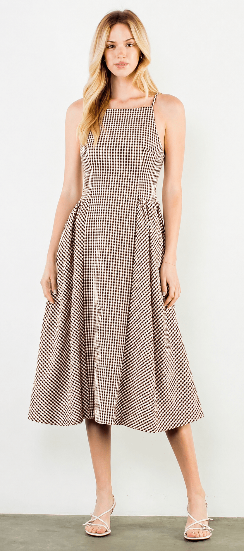 Close-up of the square neckline and gingham check on the Goody Gingham Dress – Lady & Tucker