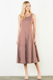 Close-up of the white polka dots and square neckline on the Polka Dot Brown Dress