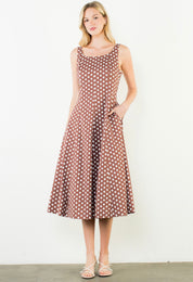 Polka Dot Brown Dress shown on model, another view of a brown and white polka dot dress – Lady & Tucker