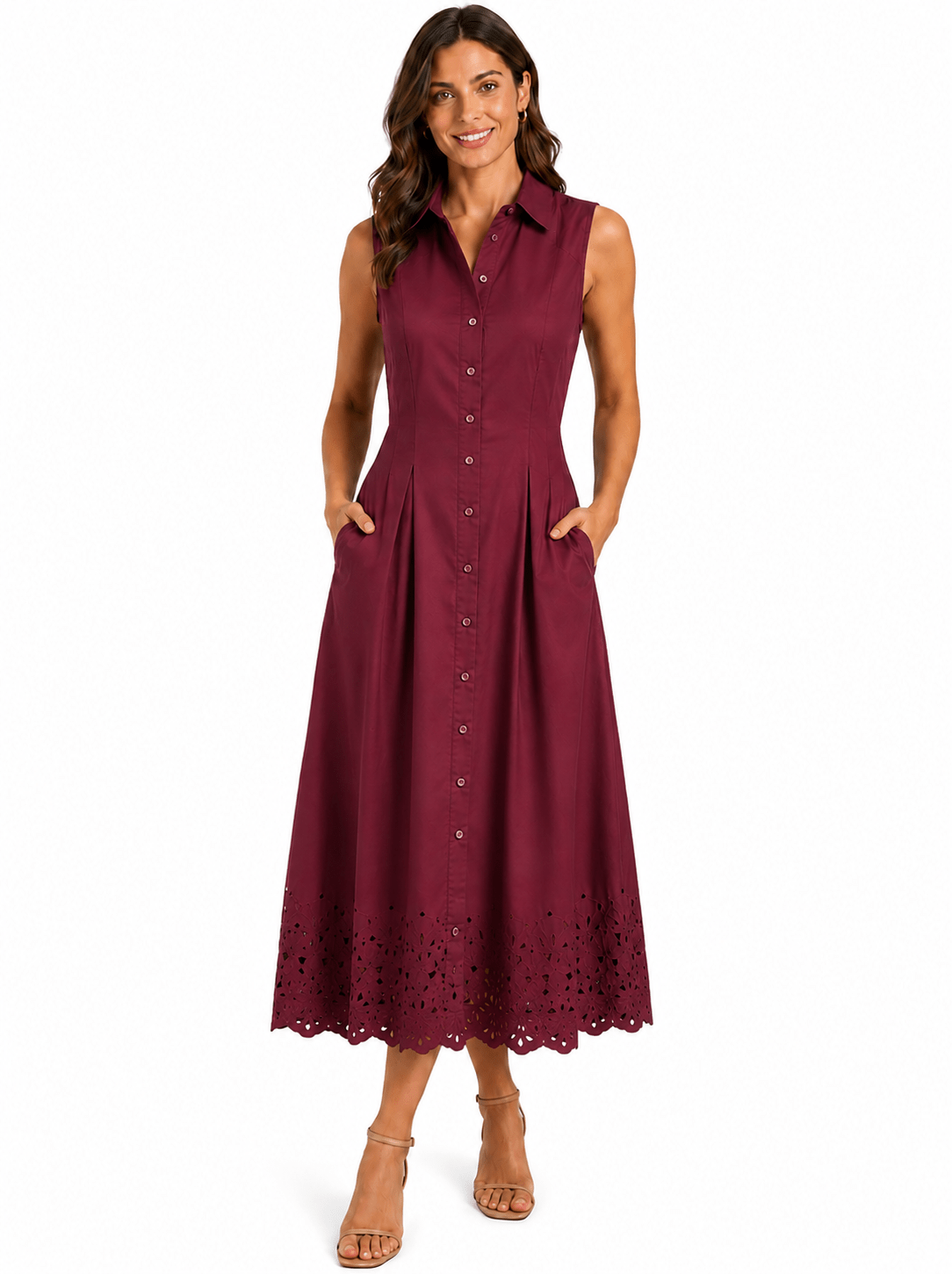 Wine Time Maxi Dress, a burgundy sleeveless midi shirt dress, worn front view – Lady & Tucker