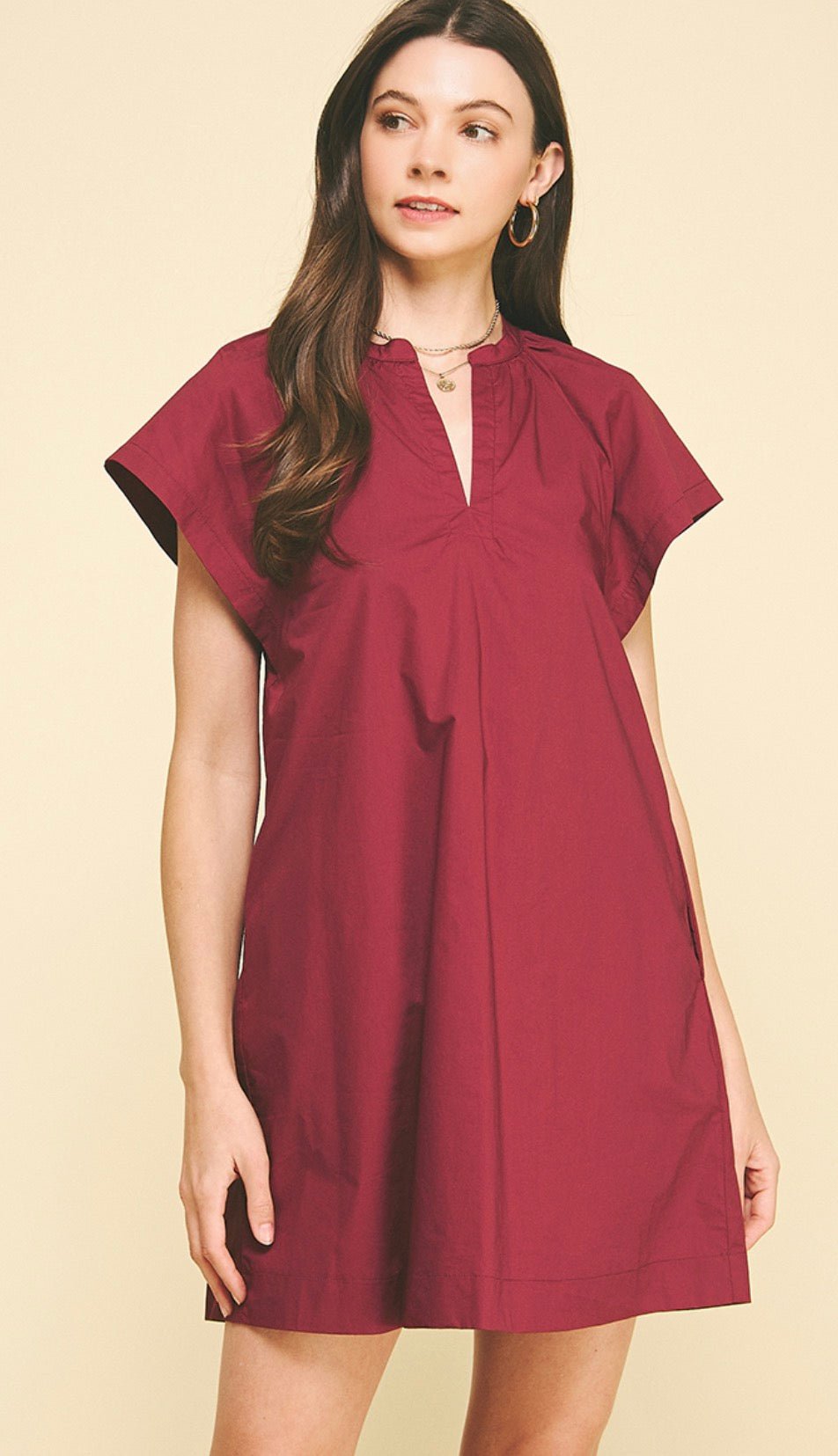 Maroon Mini Dress, a burgundy mini shift dress in woven cotton, worn front view
