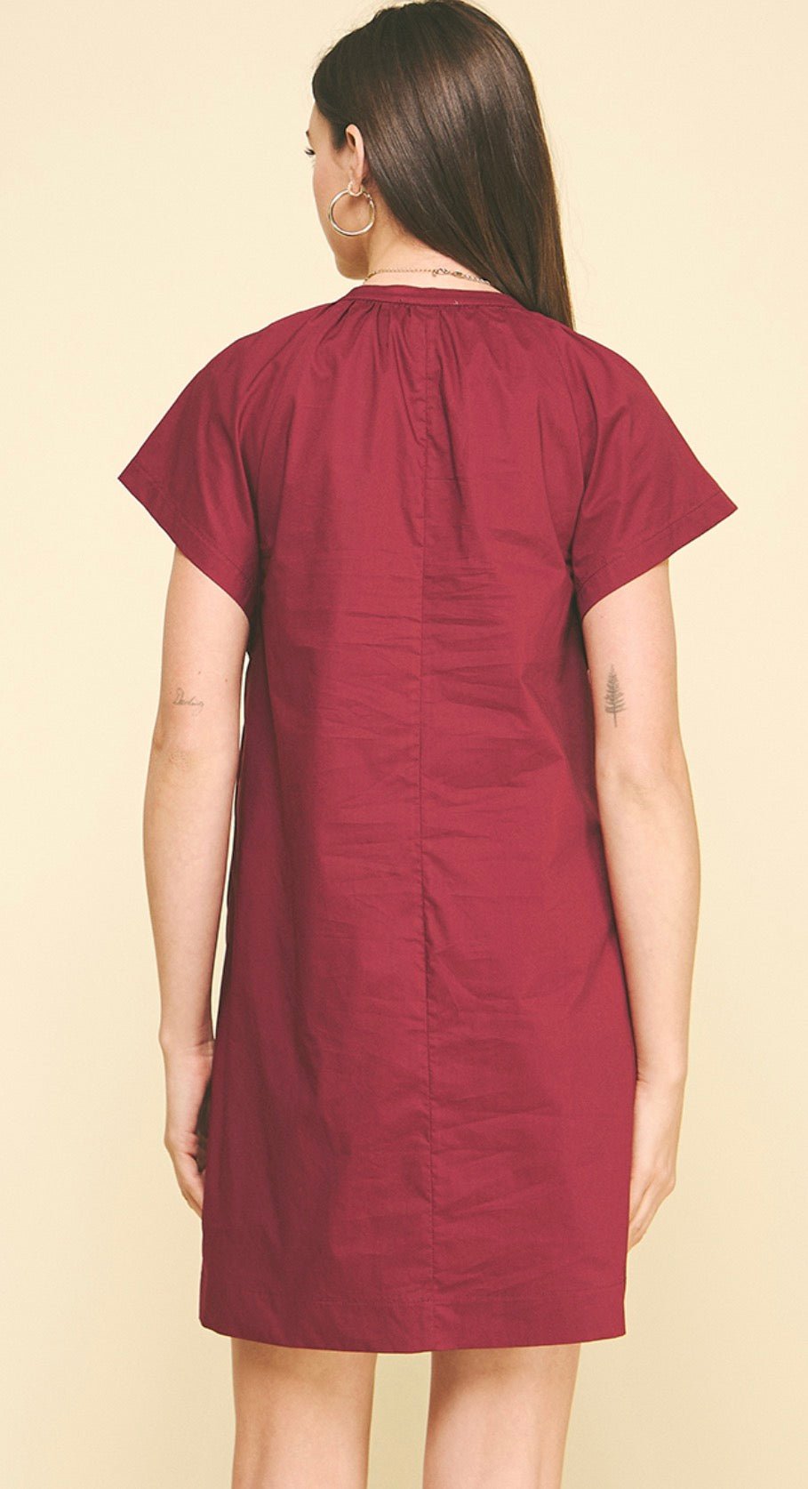Maroon Mini Dress styled full length, a burgundy mini shift dress in woven cotton – Lady & Tucker