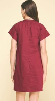 Maroon Mini Dress styled full length, a burgundy mini shift dress in woven cotton – Lady & Tucker