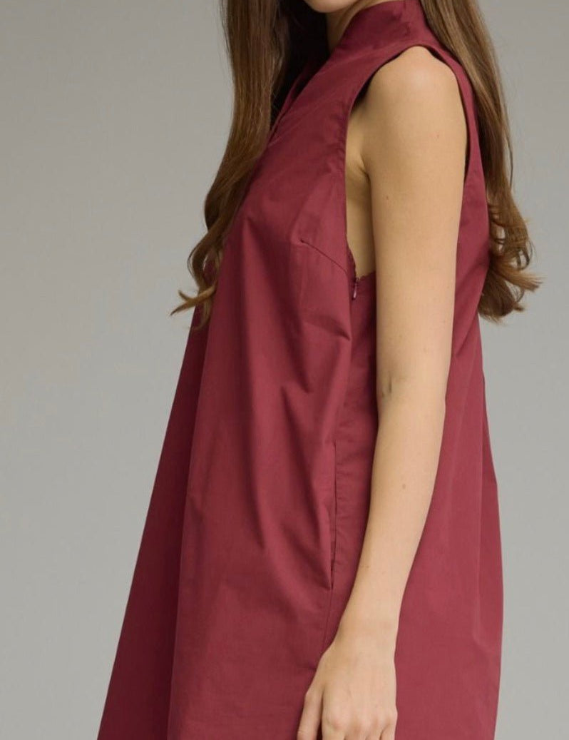 Back view of The Rev Dress, a burgundy sleeveless mini dress