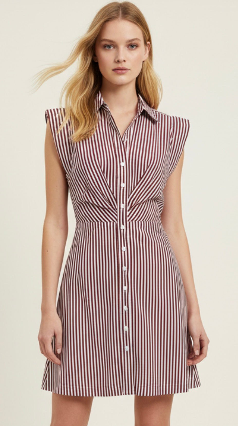 Burgundy Stripe Mini Dress, a burgundy striped sleeveless mini shirt dress, worn front view