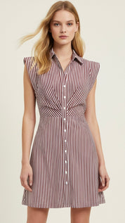 Burgundy Stripe Mini Dress, a burgundy striped sleeveless mini shirt dress, worn front view