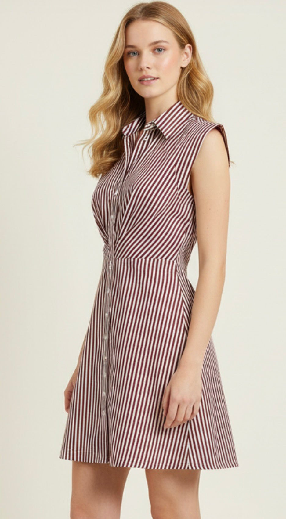 Back view of the Burgundy Stripe Mini Dress, a burgundy striped sleeveless mini shirt dress – Lady & Tucker