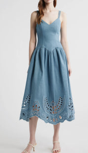 Eye Love Dress, a chambray blue fit-and-flare midi, worn front view