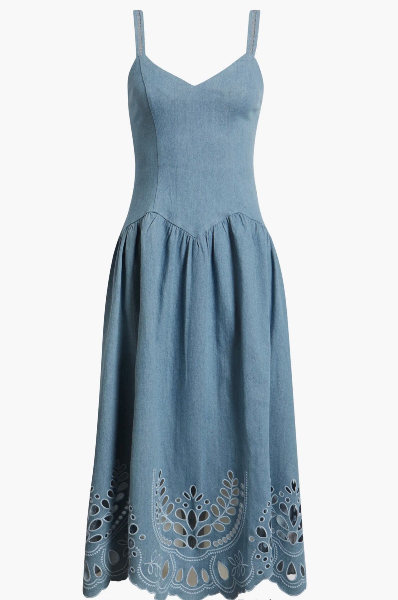 Back view of the Eye Love Dress, a chambray blue fit-and-flare midi