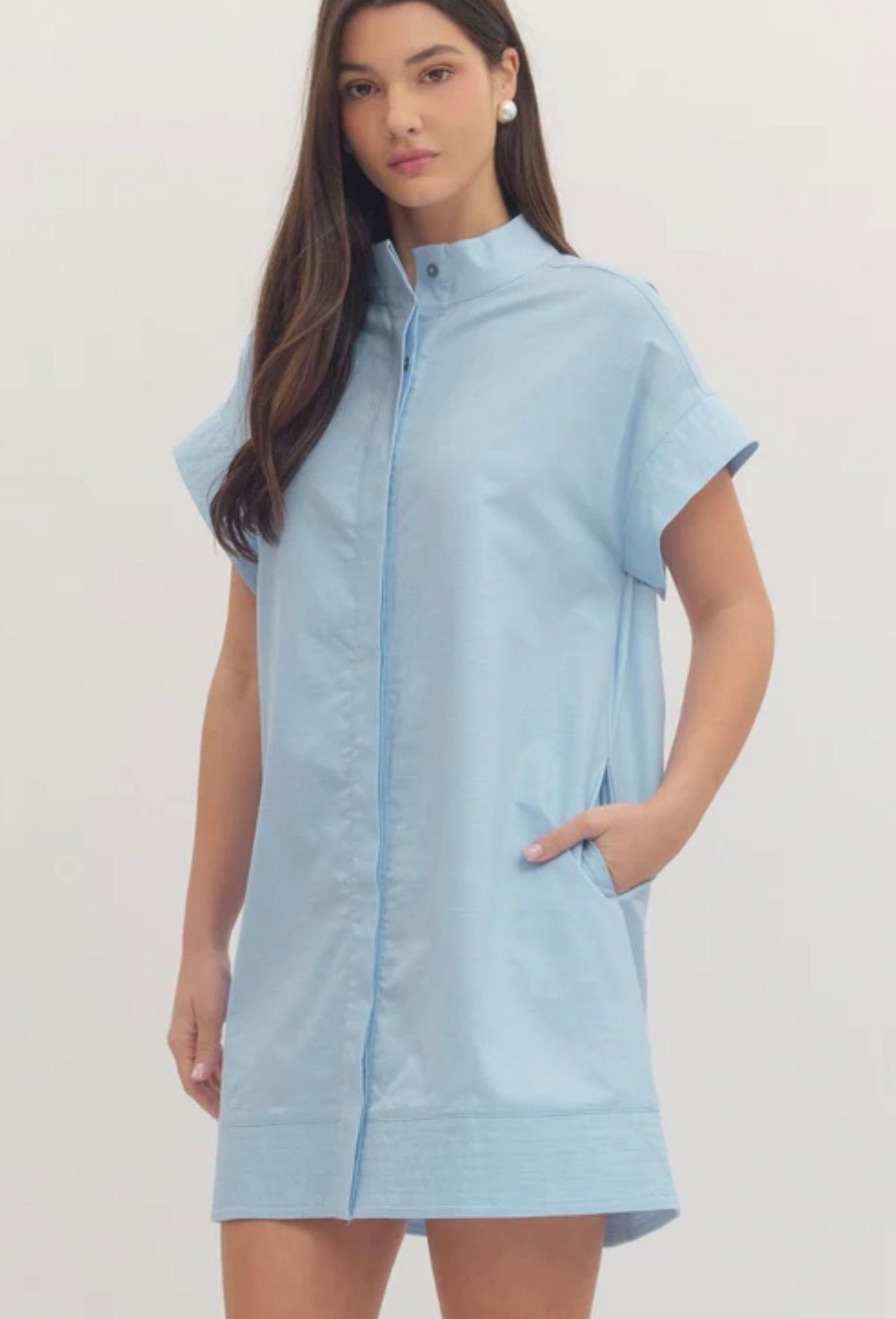 Chambray Mini Dress, a cotton-linen chambray mini dress, worn front view