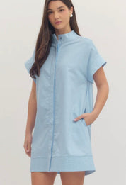 Chambray Mini Dress, a cotton-linen chambray mini dress, worn front view