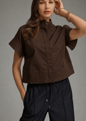 Espresso Top, a chocolate brown boxy cropped top, worn front view