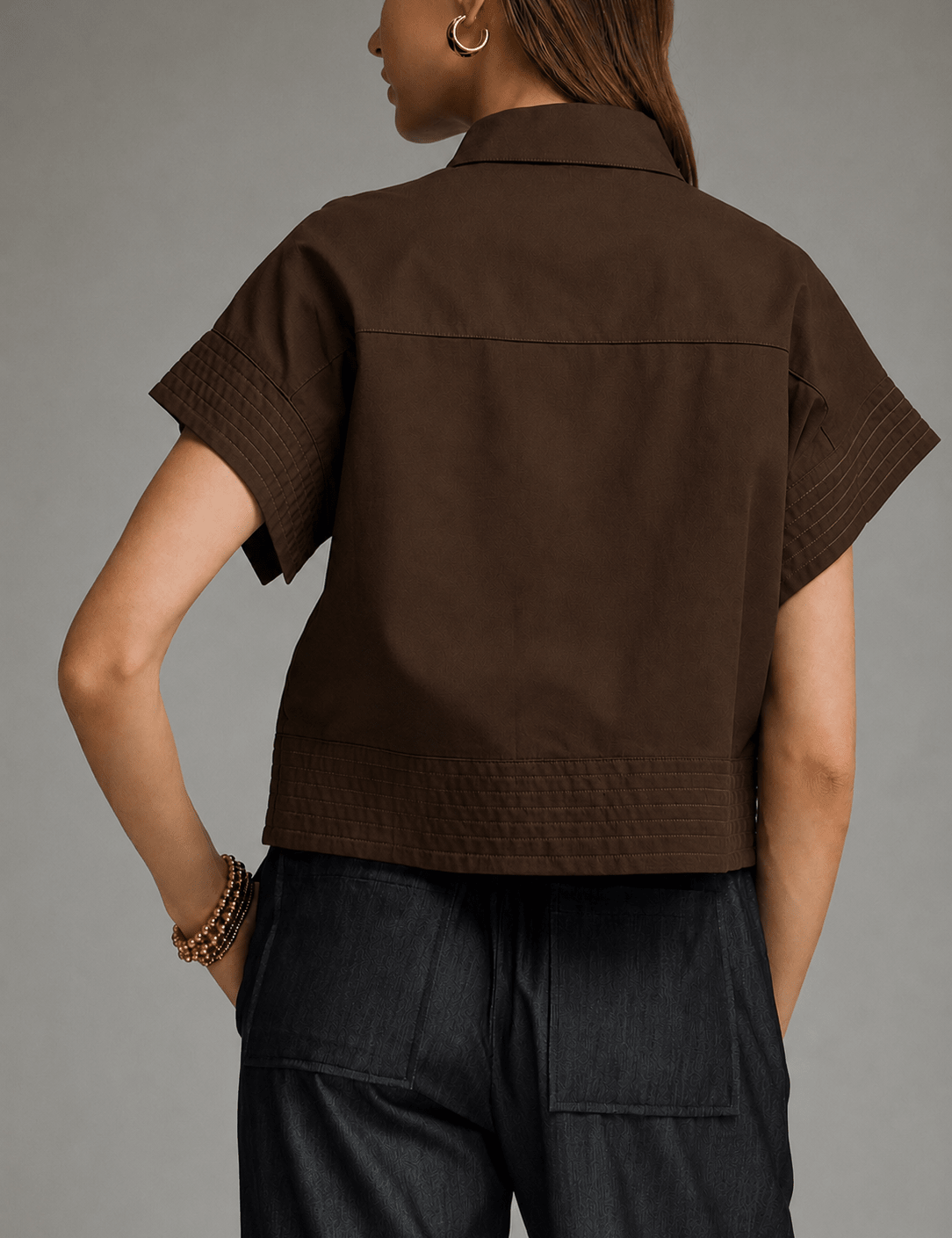 Back view of the Espresso Top, a chocolate brown boxy cropped top – Lady & Tucker