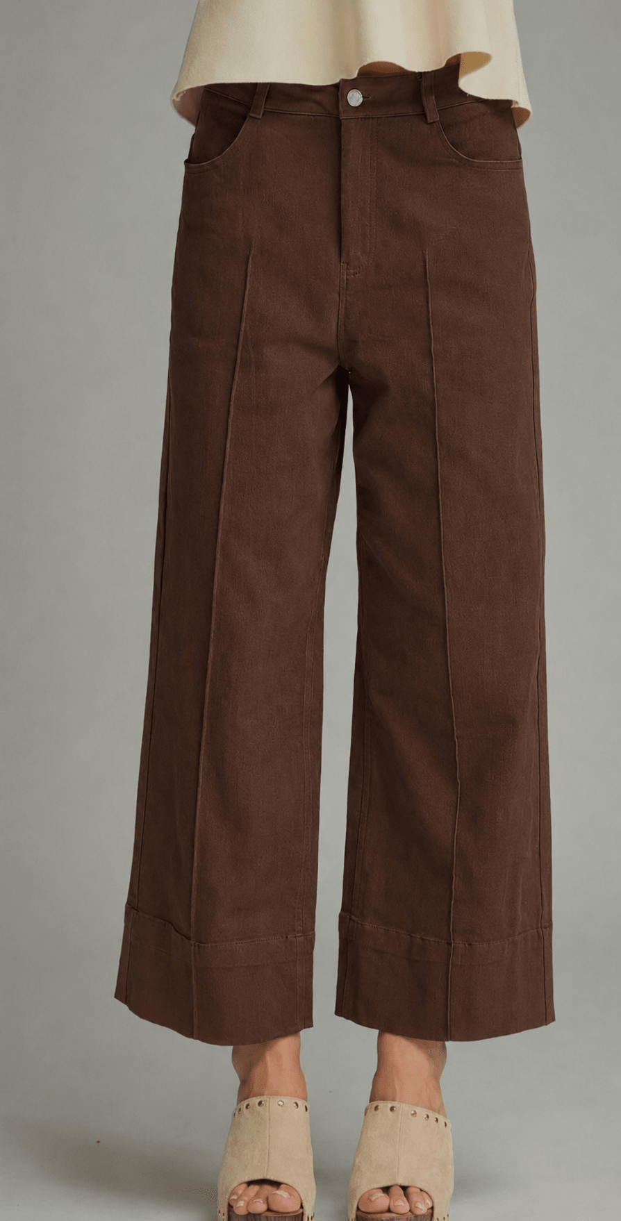 Camel Wide Leg Pant, chocolate brown high-rise wide-leg trousers, worn front view
