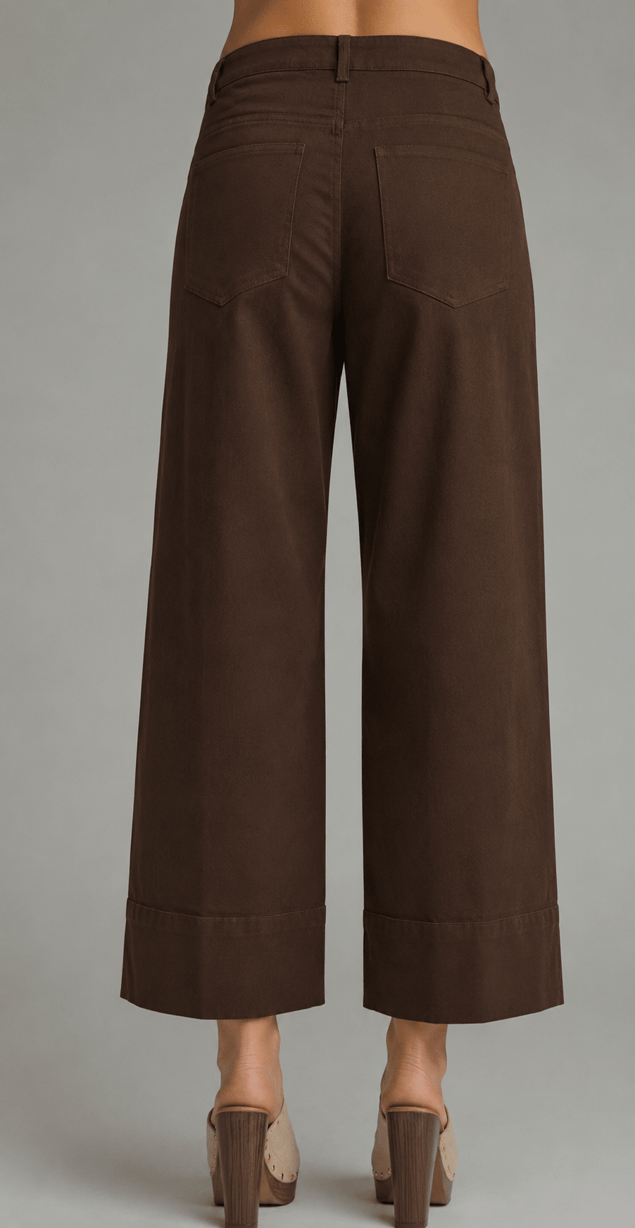 Back view of the Camel Wide Leg Pant, chocolate brown high-rise wide-leg trousers – Lady & Tucker