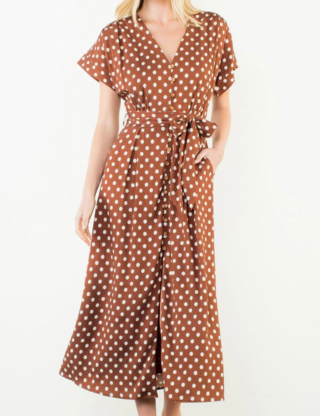 Short Sleeve Polka Dot Dress, a cinnamon brown polka dot short sleeve midi, worn front view