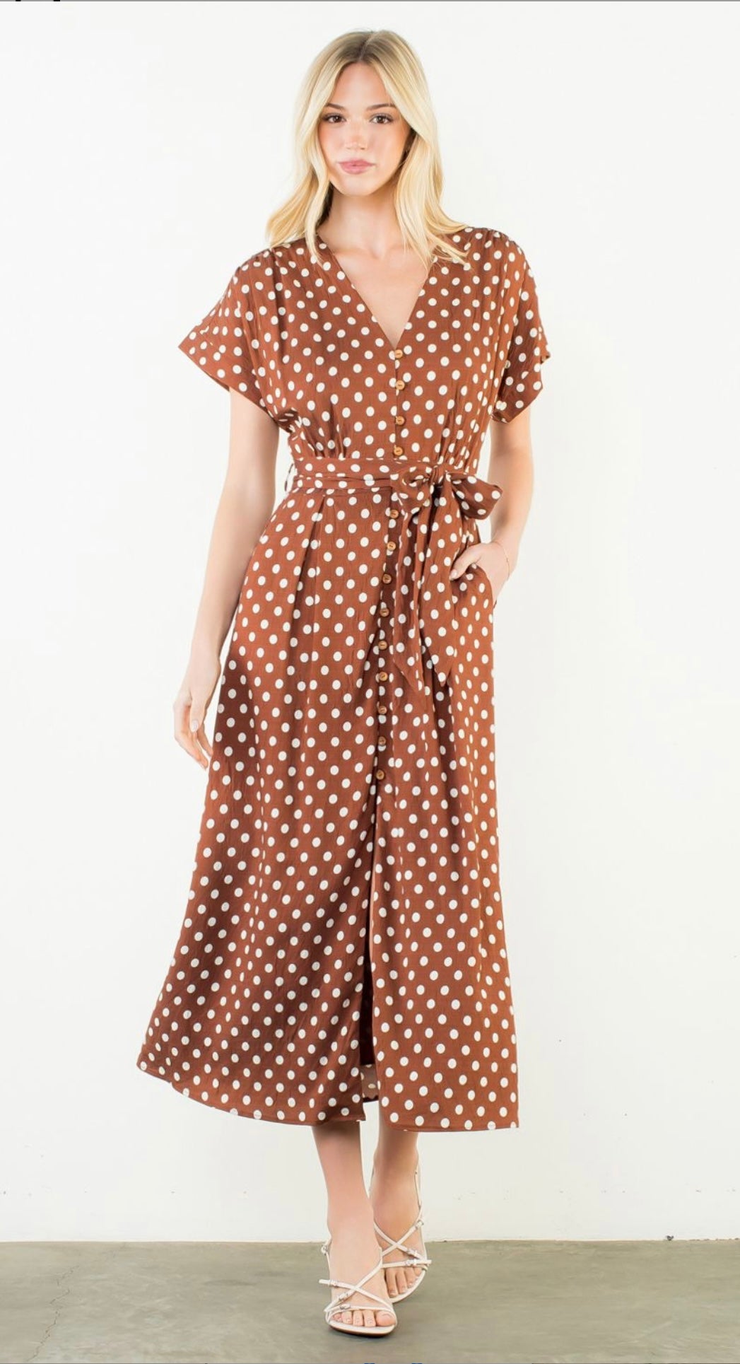 Short Sleeve Polka Dot Dress, a cinnamon brown polka dot short sleeve midi, worn front view