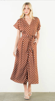 Short Sleeve Polka Dot Dress, a cinnamon brown polka dot short sleeve midi, worn front view