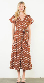 Close-up of the white polka dot print on the Short Sleeve Polka Dot Dress