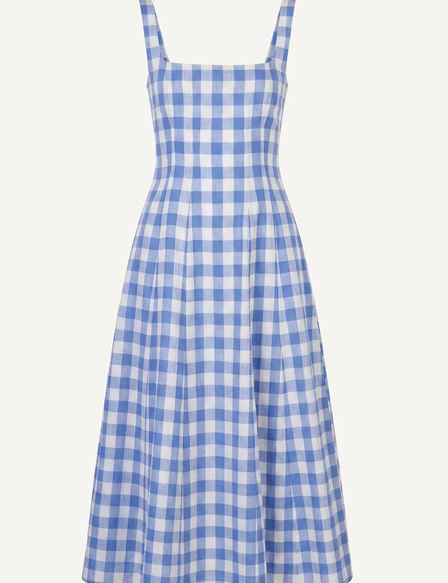 Back view of the Bluebonnet Dress, a blue gingham fit and flare ankle dress