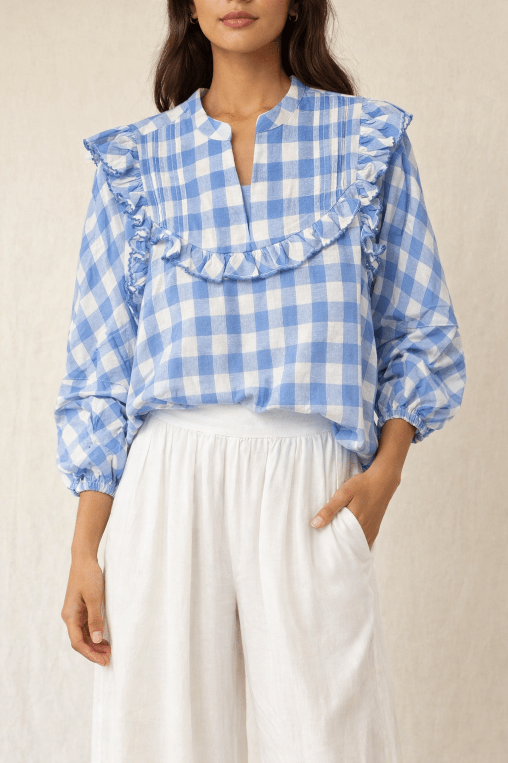 Bluebonnet Top, a Cleobella blue gingham feminine top, worn front view – Lady & Tucker