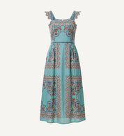 Back view of the Veronique Maxi Dress, a Cleobella cotton-linen fit and flare maxi