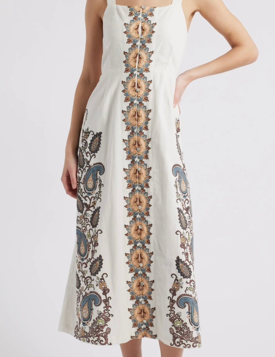 Jolene Ankle Dress, a Cleobella cotton-linen placement print sundress, worn front view