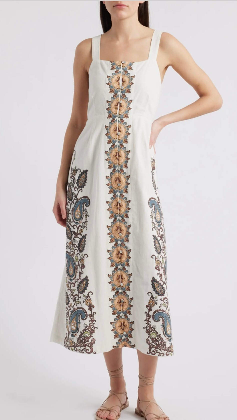 Jolene Ankle Dress, a Cleobella cotton-linen placement print sundress, worn front view