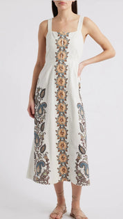 Jolene Ankle Dress, a Cleobella cotton-linen placement print sundress, worn front view
